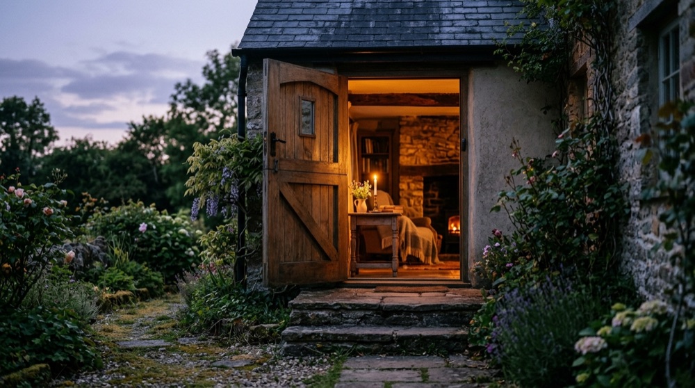 An open cottage door at dusk, warm golden light glowing inside, a garden path leading home to it