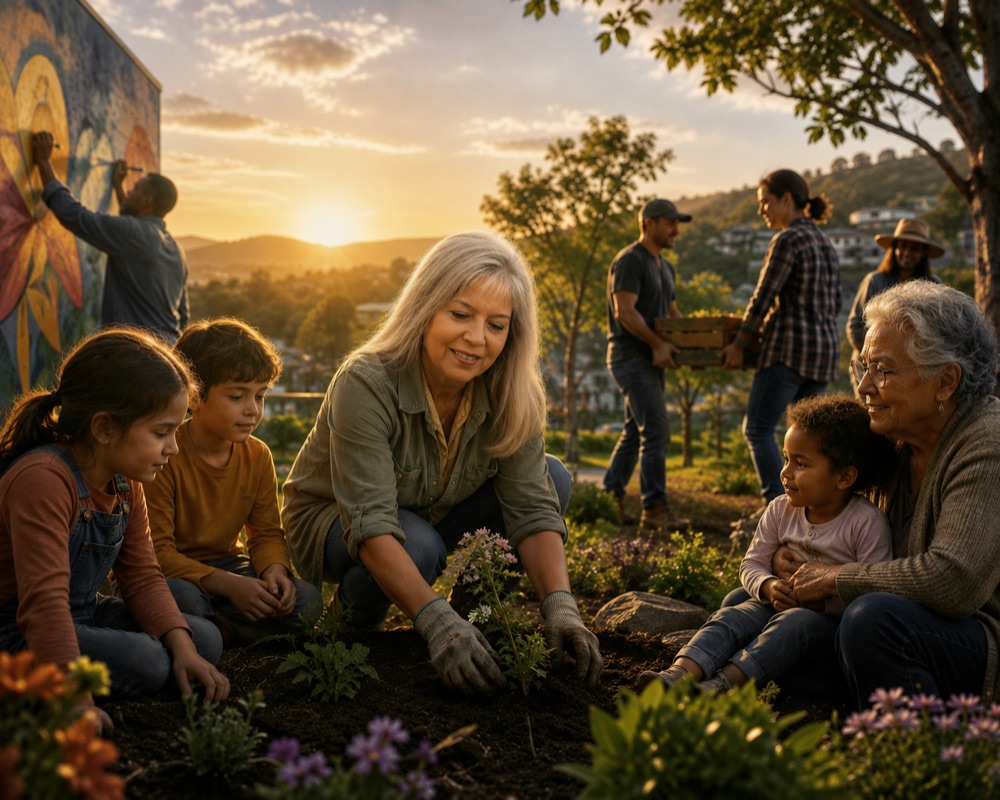A woman planting a community garden at sunset with children and an elder nearby, neighbors and a mural behind them