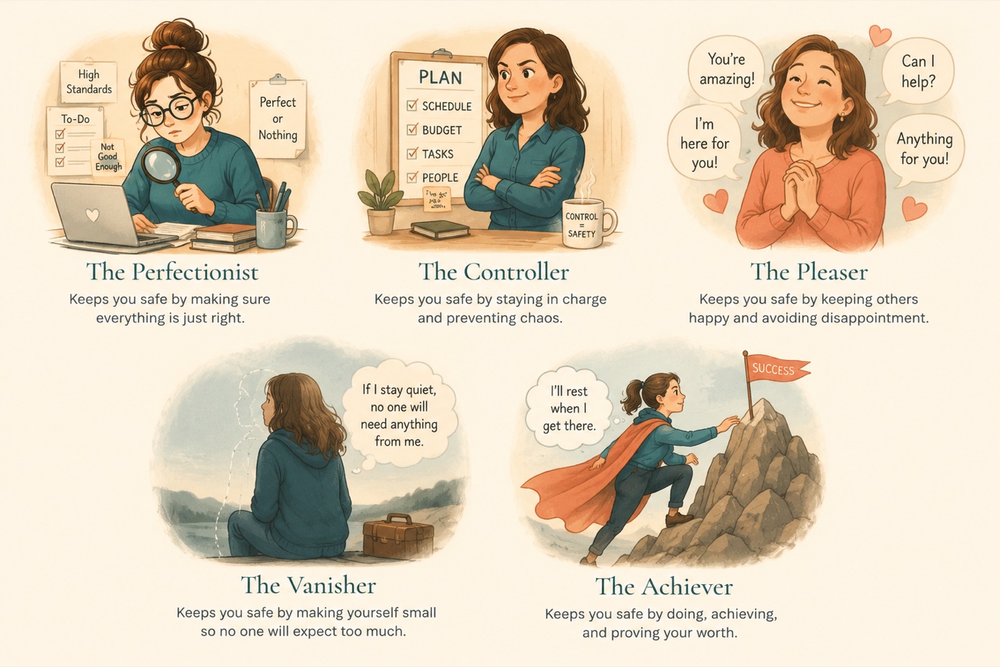 The five Protectors illustrated: the Perfectionist, the Controller, the Pleaser, the Vanisher, and the Achiever, each with a short line about how she keeps you safe