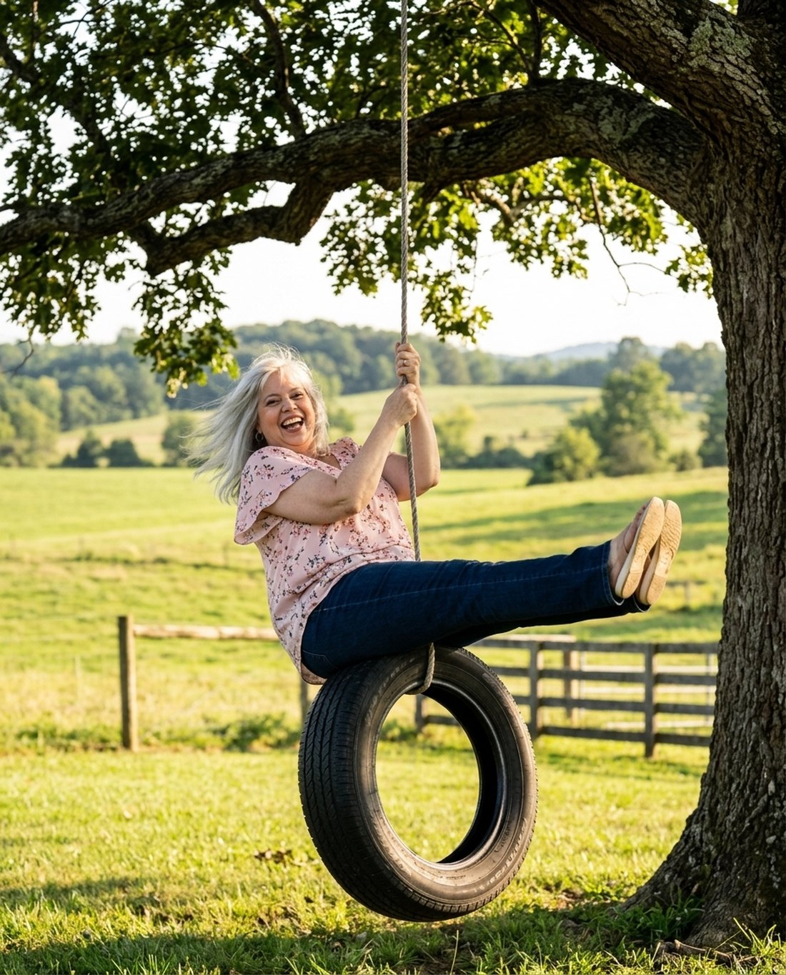 Kristin Milan laughing on a tree swing in an open field